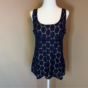 Ann Taylor LOFT Eyelet Thick Strap Tank Top Navy Blue Shirt Women's 8